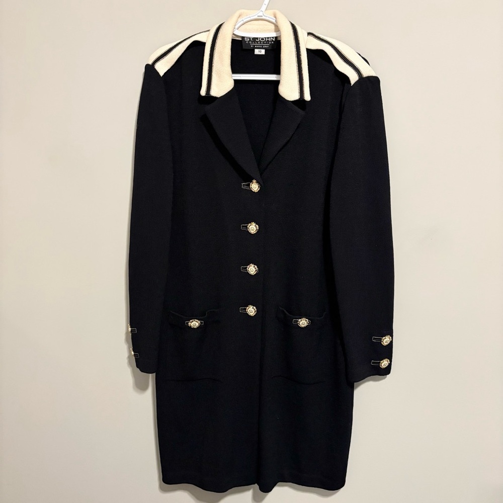 St. John Collection Black Knit Coat Dress Gold Buttons Size 10